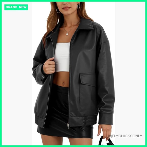 Jackets & Blazers - Oversized Faux Leather Motorcycle Jacket with Double Pockets